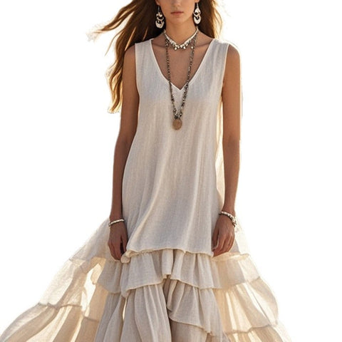 Cotton and linen women's loose big skirt sleeveless dress m302976