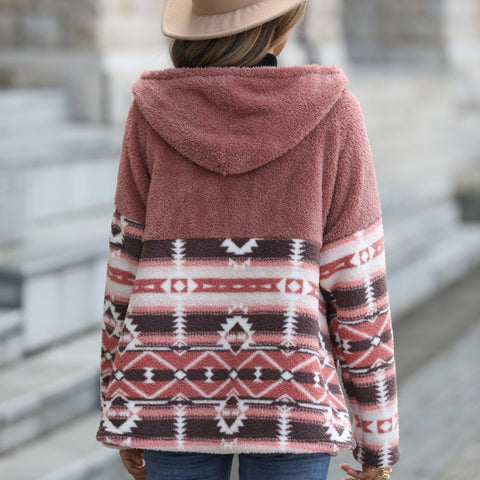 Veste polaire autrichienne double face moyenne et longue à capuche et manches longues avec boucle en corne géométrique m300395 