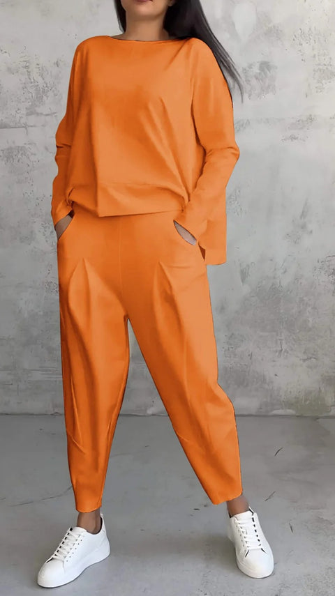Women's solid color round neck long-sleeved suit women's pocket pants trousers m301510