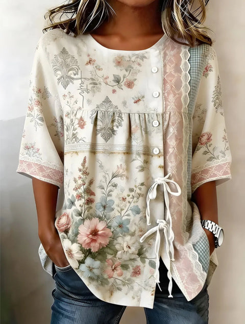 Color matching loose blouse five-button drawstring m302924