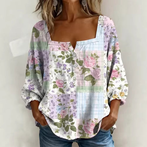 Floral print 3-button elegant wide neck top m302847