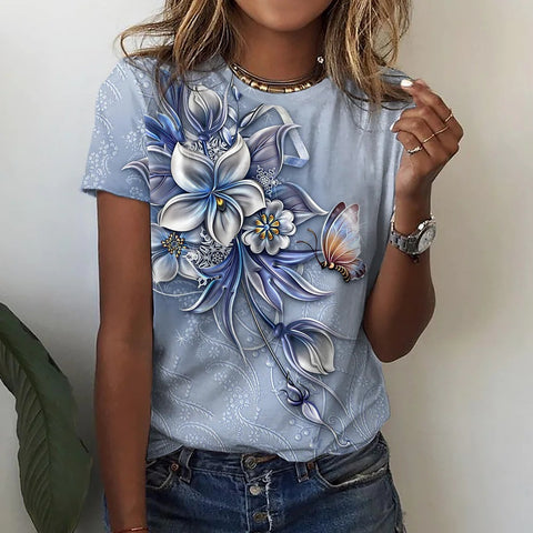 T-shirt femme imprimé fleurs rose bleu vert manches courtes m300912 