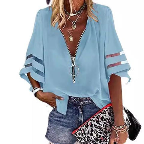 Chemise ample décontractée à col en V et manches mi-évasées avec fermeture éclair et maille pour femme M300887 