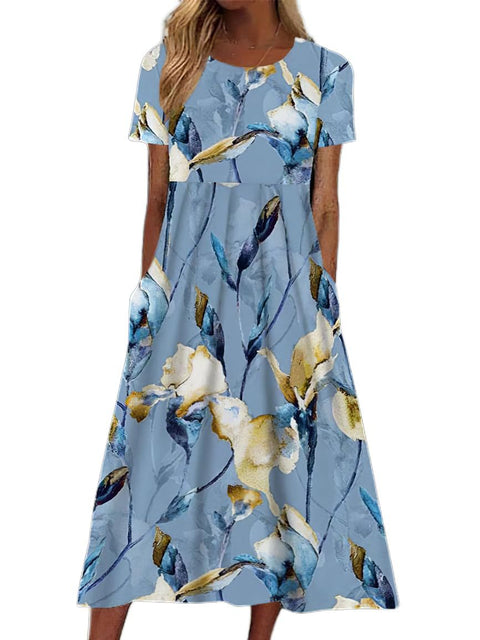 Women's Crew Neck Short Sleeve Long Dress Bohemian Dress m302895