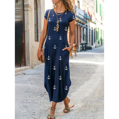Rundhals-Tasche Kurzarm-Trend-Print-Kleid m300031 