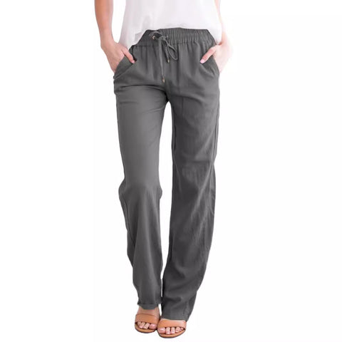 Solid color cotton and linen loose drawstring casual wide-leg trousers women's m301572