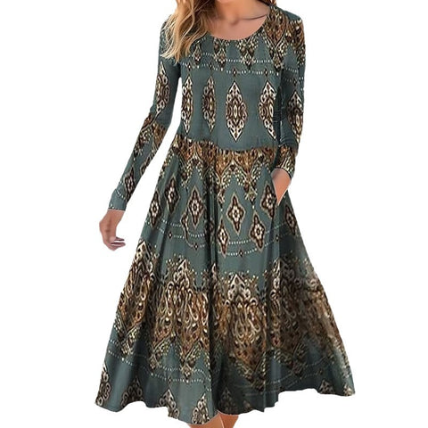 Rundhalsausschnitt, Langarm, lockeres Pendelkleid mit geometrischem Muster, bedruckt, m300700 
