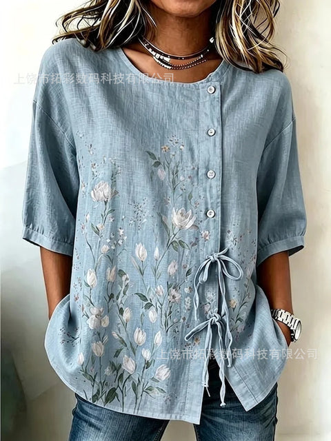 Temperament women's long-sleeved shirt printed top lace-up shirt m302925