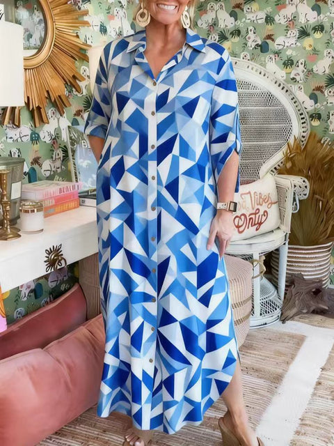 Women's Casual Loose Fashion Printed Lapel Medium Sleeve Large Size Shirt Dress m302334