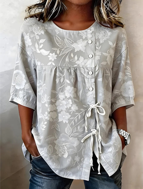 Color matching loose blouse five-button drawstring m302924