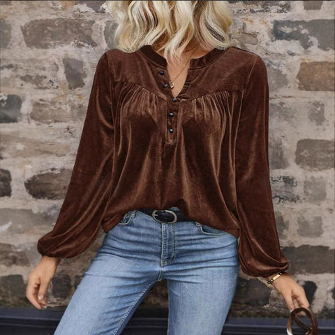 Solid color pullover V-neck casual temperament commuter button long sleeve top women m302275