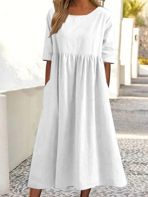 Neues lässiges Kurzarmkleid aus Baumwolle und Leinen mit Falten und Rundhalsausschnitt, m300890 