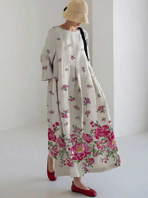 Robe ample à col ras du cou et manches longues imprimée haut de gamme m301044