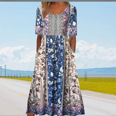Up and down splicing pocket size printing big wide dress m301712