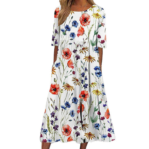 Women's Crew Neck Short Sleeve Long Dress Bohemian Dress m302895