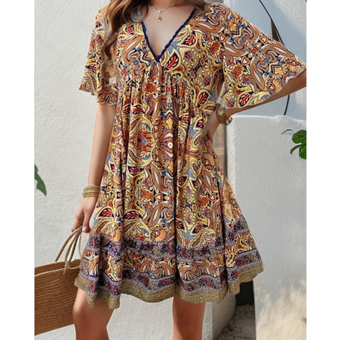 Lässiges bedrucktes Kleid mit V-Ausschnitt für Frühlings- und Sommerferien M300211 
