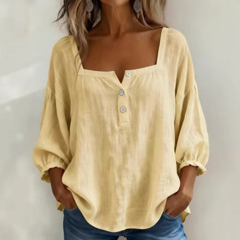 Floral print 3-button elegant wide neck top m302847