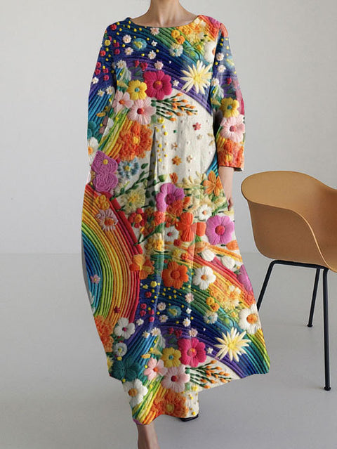 Robe ample à col ras du cou et manches longues imprimée haut de gamme m301044