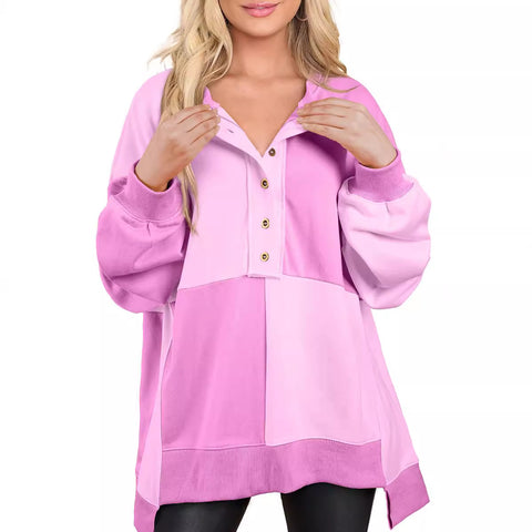 Spleißen kontrastierenden Fleece Schnalle langen Revers Pullover Damen Obermaterial m301011 
