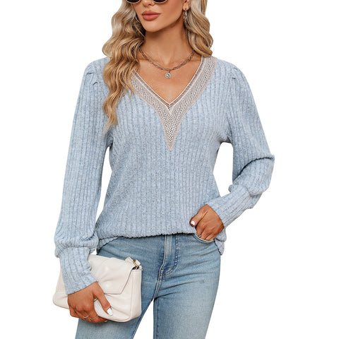 Damen V-Ausschnitt Spitze lose Grube Streifen poliert lose Langarm-T-Shirt m300519 
