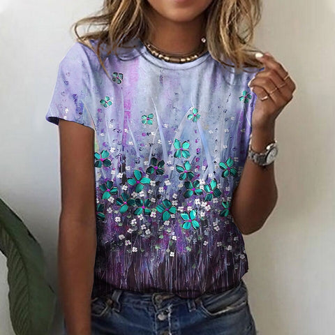 T-shirt femme imprimé fleurs rose bleu vert manches courtes m300912 