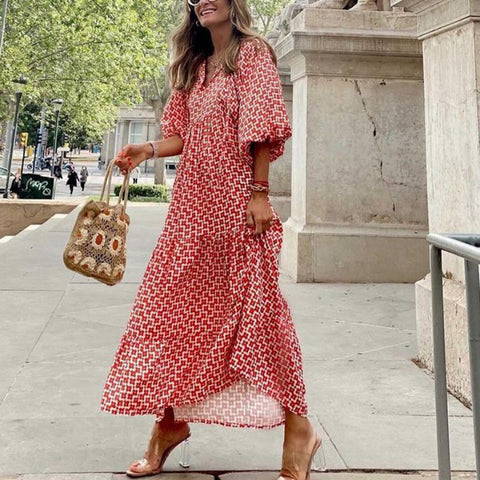 Robe à manches bouffantes à imprimé géométrique, jupe de rue frite m300902 