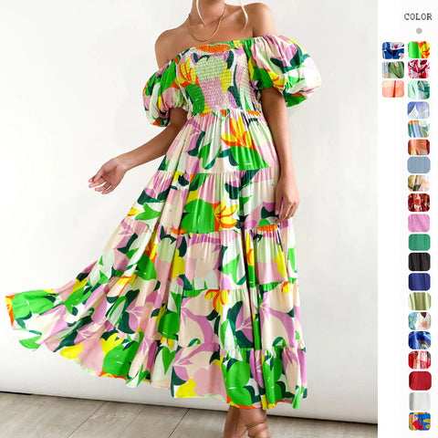 Robe longue imprimée à manches bouffantes et épaules dénudées pour femme M300282 