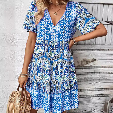 Neues Kleid mit V-Ausschnitt, modischer, lockerer Rock mit Bohème-Print, m300994 