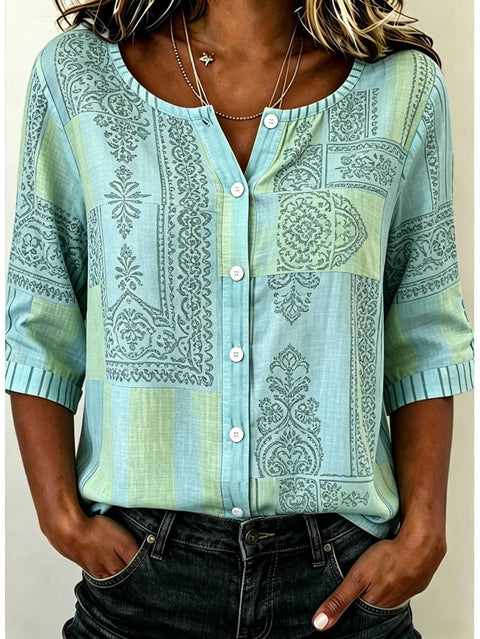 Women's Top Printed Casual Short Sleeve Collarless Shirt m303047
