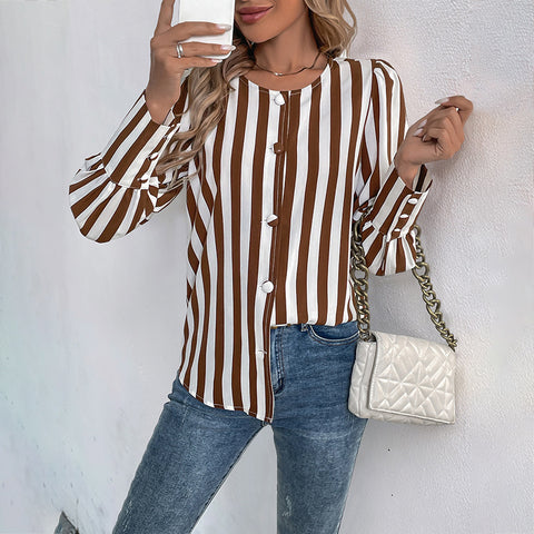 V-Ausschnitt Einreiher Strickjacke gestreift kontrastierend Langarm Damen Shirt m300818 