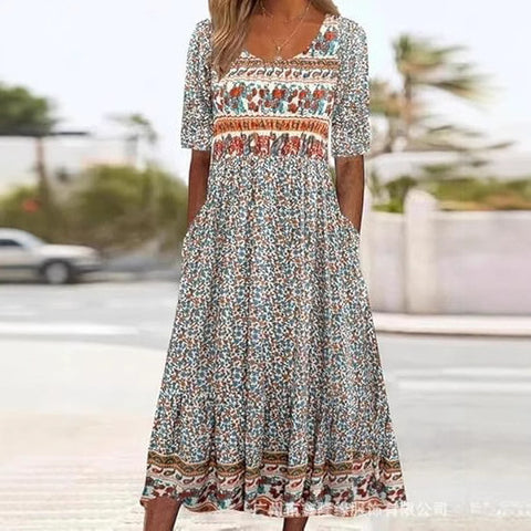 Robe longue décontractée à col ras du cou et manches courtes pour femme, imprimé 3D, taille plissée, style trapèze, m301299 