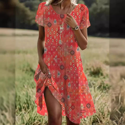 Summer literary and ethnic style large round neck medium and long dress m300741