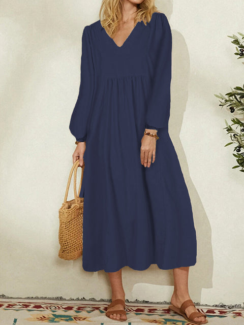 Lockeres Damenkleid aus Baumwolle und Leinen mit Laternenärmeln m301242 