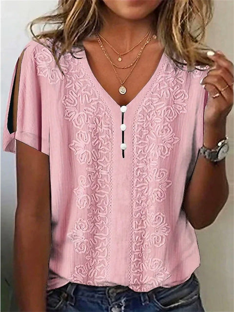3D printed V-neck button-up T-shirt top daily short-sleeved m301263
