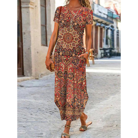 Rundhals-Tasche Kurzarm-Trend-Print-Kleid m300031 