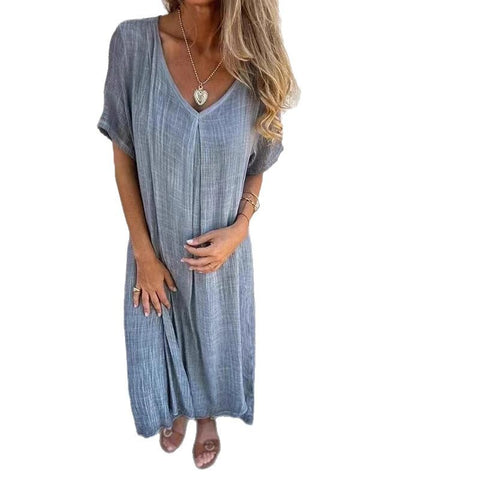 Modisches halbformelles Kleid aus Baumwolle und Leinen mit V-Ausschnitt m301062 