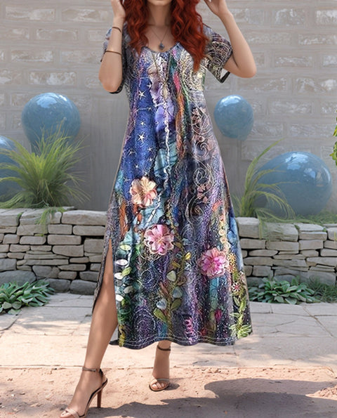 Robe décontractée ample à manches mi-longues et col en V pour femme, style ethnique, m301203 