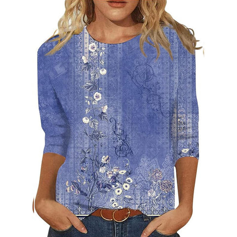 Pullover mit Rundhalsausschnitt und 7/4-Ärmeln, Pflanzenblumen und 3D-Druck, m300615 