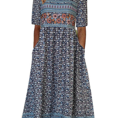 Women's Crew Neck Short Sleeve Long Dress Bohemian Dress m302895