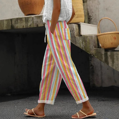 Regular drawstring pocket slacks multi-color digital print women's trousers m301434