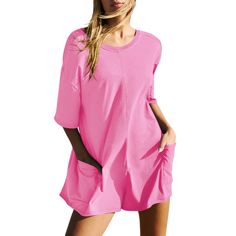 Combinaison ample décontractée à manches courtes et dos nu pour femme, col en V, poches M300225 