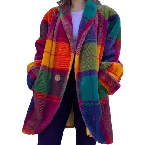 Long-sleeved lapel color matching jacket printed woolen long coat m300585