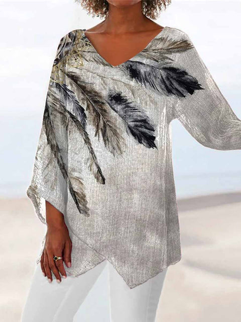 Damen-T-Shirt mit V-Ausschnitt und neunviertellangen Ärmeln und Tiermotiven, lockeres Motiv, m301289 