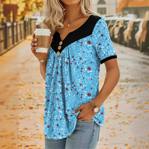 Lässiges Kurzarm-Oberteil mit kleinem Blumen-Spleißknopf m300662 