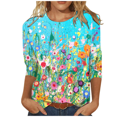 Damenbekleidung Rundhals 3/4 Ärmel Lose Print T-Shirt M300227 