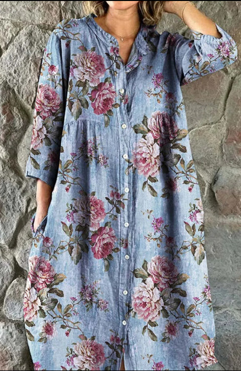 Robe chemise ample à col ras du cou et manches longues pour femme, imprimée, de qualité supérieure, m301050