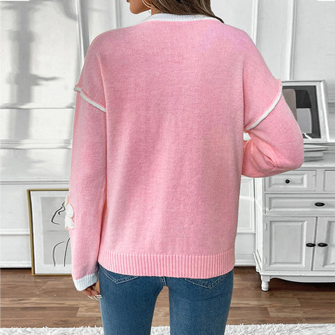 Pull rose à manches longues et col en V pour femme M300795 