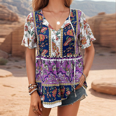 New women's clothing European and American casual vacation top strap printed lotus leaf sleeve shirt m301743