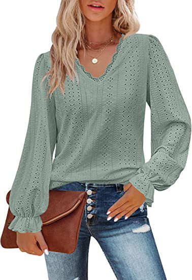 Chemise décontractée à col en V et manches plissées, automne m300647
