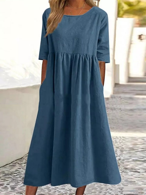 Neues lässiges Kurzarmkleid aus Baumwolle und Leinen mit Falten und Rundhalsausschnitt, m300890 